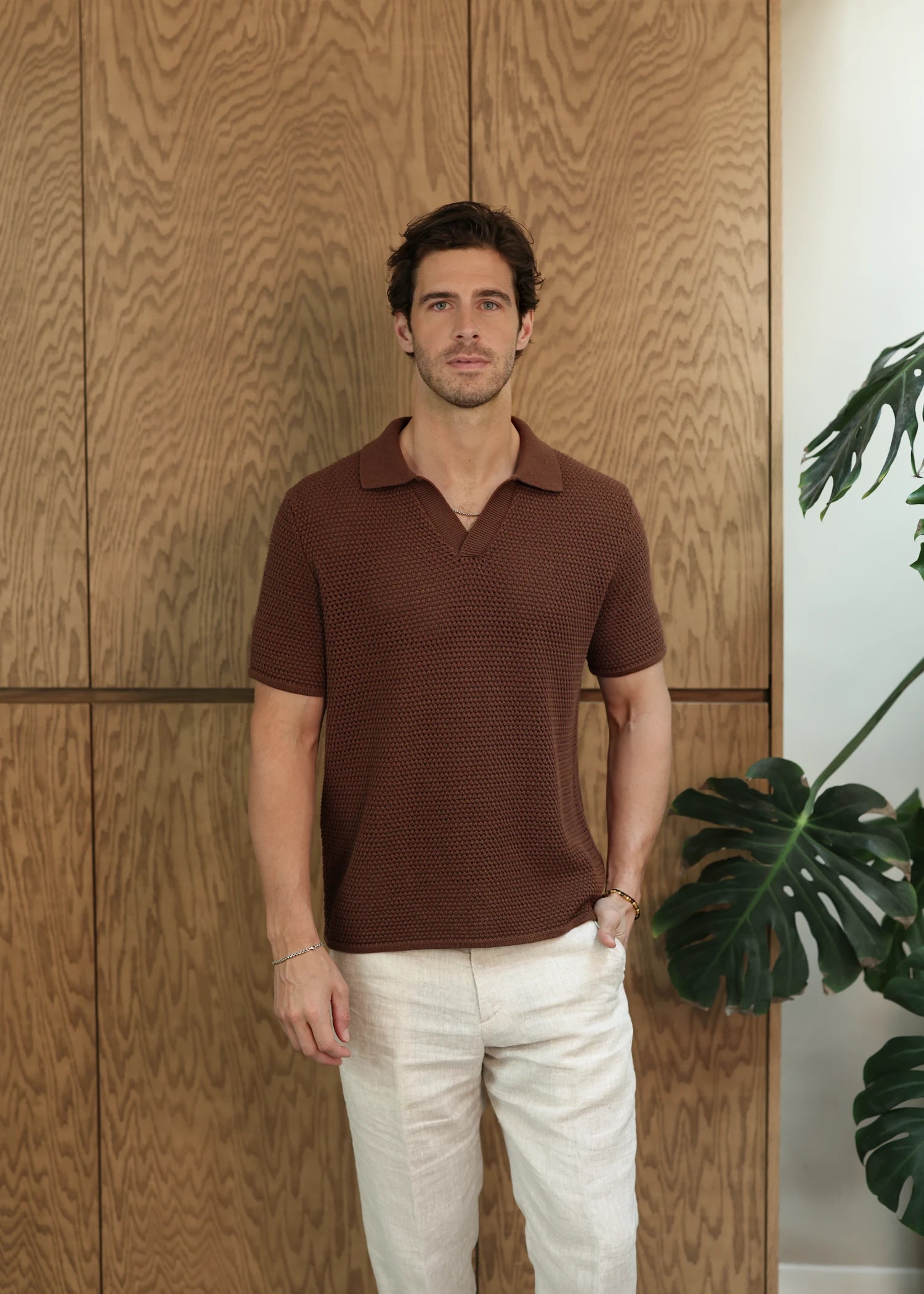 Linen Open Collar Crochet Polo - Rust Brown