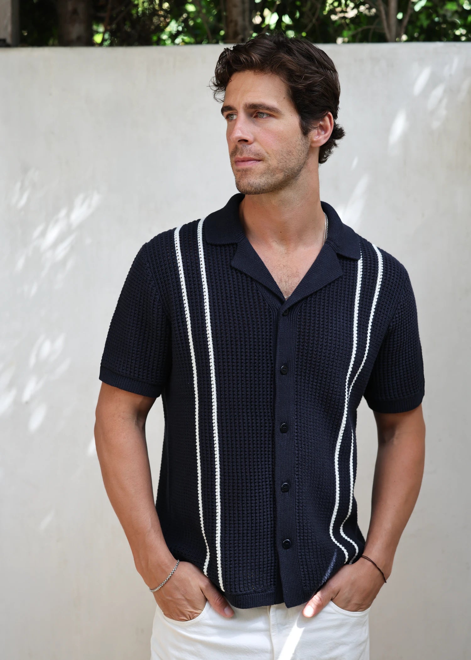 Linen Crochet Cabana Shirt - Deep Navy