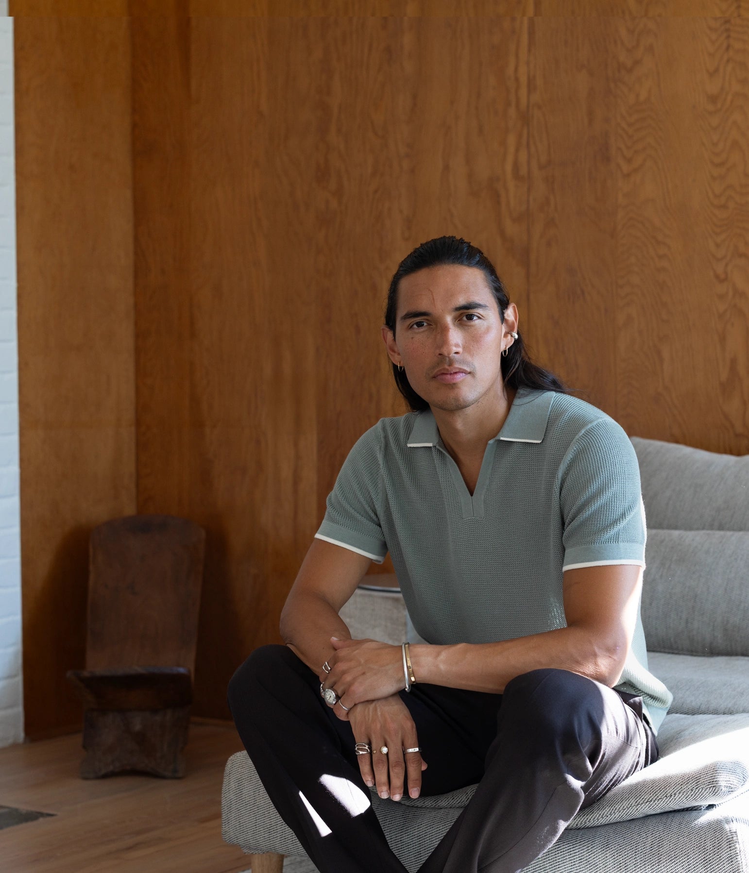Uncle Purl Dusty Blue Open Collar Polo with White Contrast Tipping Detail